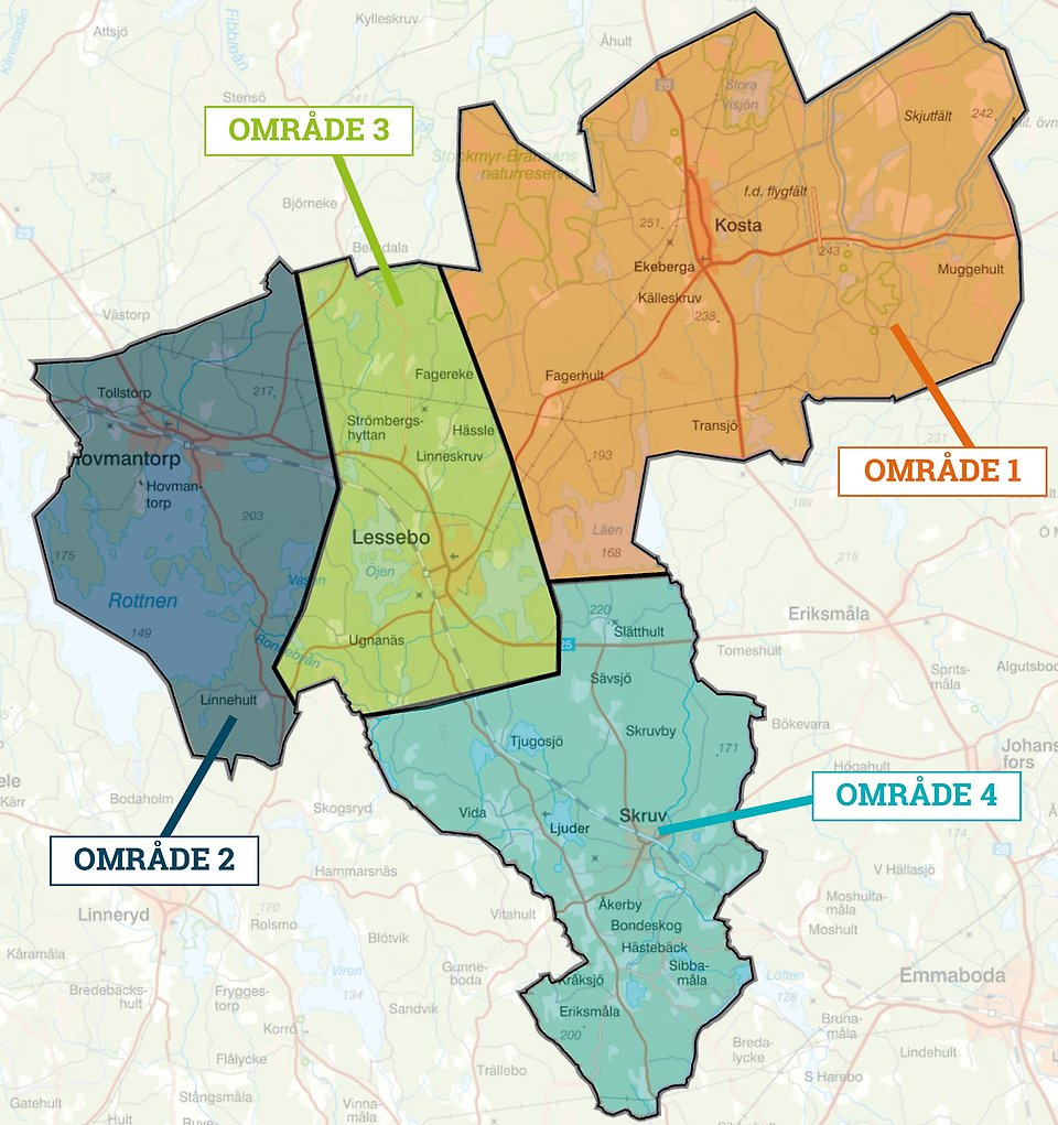 Bild: karta över fyra områden i Lessebo kommun